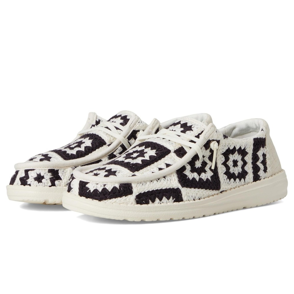 HEYDUDE Wendy Womens Sz 8M Cottage Crochet Black White Loafers Slip On Shoes NEW